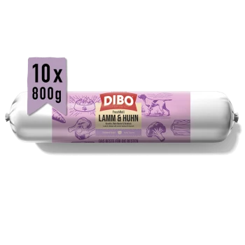 DIBO FreshRoll Hundefutterrolle, Lamm & Huhn mit Karotte, Rote Beete, Brokkoli, 10x800g Packung, lila Etikett mit Hund- und Gemüseillustrationen.