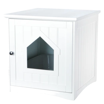 Witte houten huis voor huisdieren met een driehoekige ingang, met een gladde bovenkant en een strak ontwerp, geschikt voor binnengebruik.