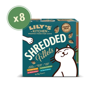 Lily's Kitchen Shredded Fillets cat food pack of 8 tins, natural ingredients, grain free, no added sugar, 2x chicken & mussels, 2x tuna & salmon.