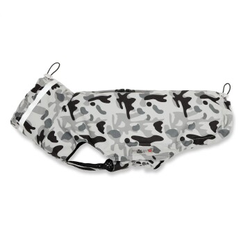 Grauer und schwarzer Tarnregenmantel für Hunde mit Kapuze und reflektierendem Streifen, seitlich mit "WOLTERS" beschriftet.