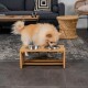 Ein flauschiger Pomeranian-Hund frisst aus einer stilvollen Bambus-Futterstation mit zwei Edelstahlschüsseln, die in einem modernen Wohnzimmer steht.