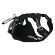 Black dog harness with adjustable straps and a padded chest area, featuring a metal D-ring for leash attachment.