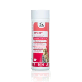 Flasche des Nahrungsergänzungsmittels "cervico®" für Hunde und Katzen, mit einem rosa Etikett, das über Biotin, Vitamine und Vorteile für Haut und Fell informiert.