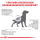 Hundesilhouette mit einer Nieren-Grafik und deutschem Text zu den Ernährungsbedürfnissen von Hunden mit Nierenproblemen, der Lebensqualität und Symptomen hervorhebt.