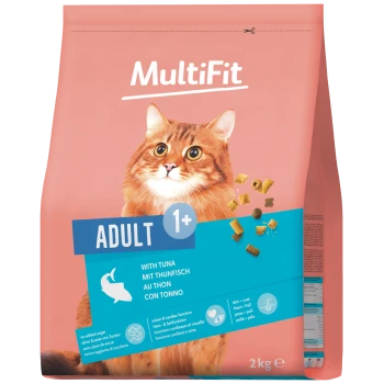 MultiFit-Katzenfutterbeutel (2 kg), pink mit orangefarbener Katze, blauem 'ADULT 1+'-Schriftzug, 'Mit Thunfisch' und abgebildeten Kroketten