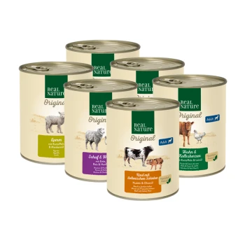 Sechs Dosen Real Nature Hundefutter, mit Geschmacksrichtungen wie Lamm, Schaf & Ente und Huhn & Herzen, mit bunten Etiketten.