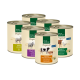 Sechs Dosen Real Nature Hundefutter, mit Geschmacksrichtungen wie Lamm, Schaf & Ente und Huhn & Herzen, mit bunten Etiketten.
