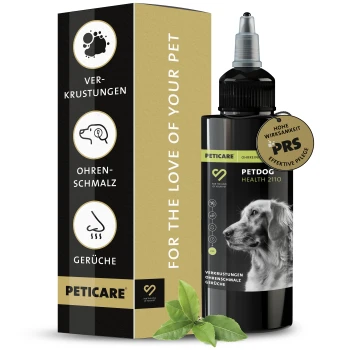 Flasche PetDog Health 2110 für Hunde, mit einem goldenen Etikett, das "Hohe Wirksamkeit" angibt, und einem Foto eines Golden Retrievers.