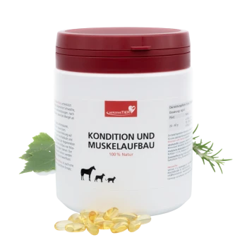Weißer Behälter mit rotem Deckel, beschriftet mit „Kondition und Muskelaufbau 100% Natur“ für Haustiere, zeigt Symbole von Pferd, Hund und Katze.