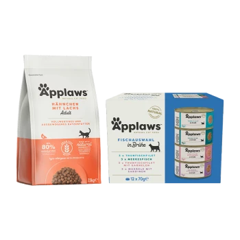 Applaws natürliches Katzenfutter trocken mit Huhn und Lachs 7,5 kg und Nassfutter Fisch-Varietätenpack 12x70g in Brühe.