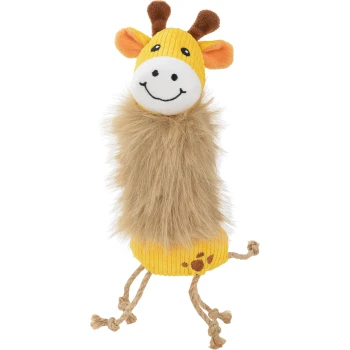 Plüsch-Giraffen-Hundespielzeug mit lächelndem Gesicht, flauschiger Mähne, gelbem Körper und Seilbeinen mit Pfotenabdruck-Detail.