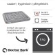 Graues Hundebett mit gestepptem Design, beschriftet mit "Doctor Bark", mit Waschhinweisen: maschinenwaschbar bis 95 °C und trocknergeeignet.