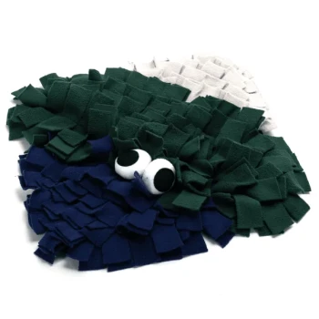 - Schnüffelteppich 32cm Monster schwarz Eine bunte Schnüffelmatte für Haustiere in Fischform, mit grünen, marineblauen und weißen Stoffstreifen und großen Wackelaugen.