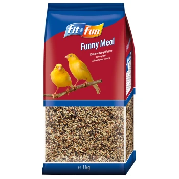 A bag of "fit+fun Funny Meal" canary feed with two yellow canaries on a branch, labeled "1 kg."