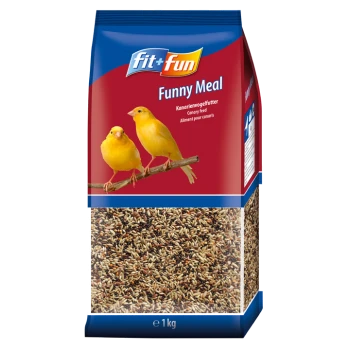 Un sac de nourriture pour canaris "fit+fun Funny Meal" avec deux canaris jaunes sur une branche, étiqueté "1 kg."