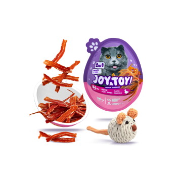 Lila Joy & Toy!-Katzensnack-Überraschungsei (2in1) mit zerkleinerten Entenleckerlis in einer Schale und geflochtenem Maus-Spielzeug.