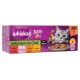 Boîte de nourriture pour chats Whiskas Tasty Mix avec un chat gris aux yeux brillants, présentant diverses saveurs : bœuf, saumon, poulet et morue en sauce.