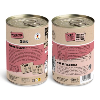 Verpackung für Dosenkatzenfutter mit einem pinken und braunen Design, mit dem Text "100% rein, 100% echt, 100% Futter" und "Soooo lecker!"