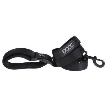 Schwarze Hundeleine mit gepolstertem Griff und robustem Clip, mit dem Logo "DOOG" deutlich sichtbar.