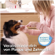 Frau putzt einem Hund die Zähne mit einer Zahnbürste, der deutsche Text lautet „Verabschiede dich von Plaque und Zahnstein“ und „Bekämpft Plaque & Zahnstein.“