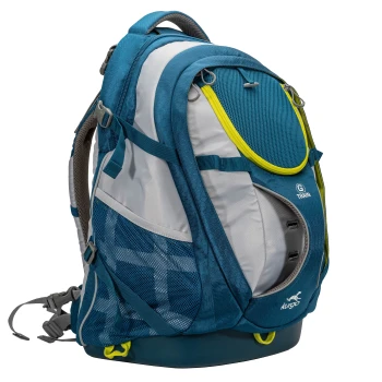 Hunderucksack G-Train blau/ türkis/ grau Ein blauer und grauer Haustier-Rucksack mit Netzpaneelen und gelben Akzenten, mit einer Seitentasche und dem Kurgo-Logo.