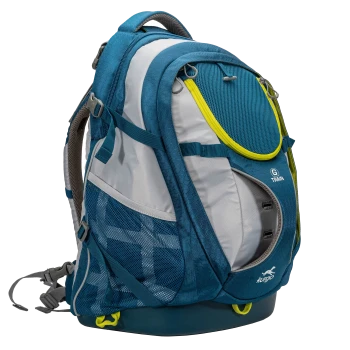 Ein blauer und grauer Haustier-Rucksack mit Netzpaneelen und gelben Akzenten, mit einer Seitentasche und dem Kurgo-Logo.