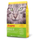 Eine Nahaufnahme des Gesichts einer Katze auf einem gelb-grünen Josera Sensicat-Beutel, beschriftet "Leicht verdaulich" und "Erwachsene," mit "33/18" für Protein und Fett.