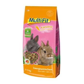 Eine 5 kg Tüte MultiFit Futter für Zwergkaninchen mit zwei Kaninchen auf der Vorderseite und einer herzförmigen Grafik, die gemischte Zutaten zeigt.