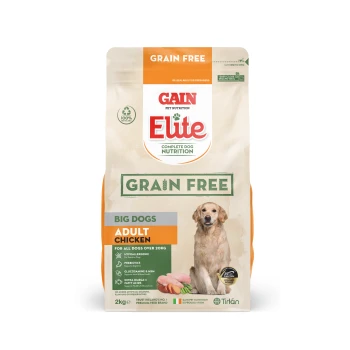 Gain Elite Grain Free dog food bag for big dogs, 2kg, featuring adult chicken formula, with claims of being hypoallergenic and containing glucosamine.