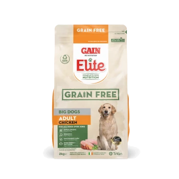 Gain Elite Grain Free dog food bag for big dogs, 2kg, featuring adult chicken formula, with claims of being hypoallergenic and containing glucosamine.