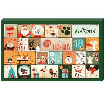 Adventskalender für Haustiere mit bunten Boxen und festlichen Illustrationen, beschriftet von 1 bis 24, und dem Text 'Frohe Weihnachten.'