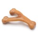 A durable, tan-colored dog chew toy shaped like a bone, featuring rounded ends and a textured surface for grip.