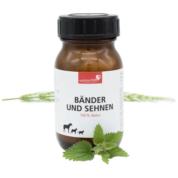 Braune Flasche mit schwarzem Deckel, beschriftet mit "Bänder und Sehnen 100% Natur" von Herzenstier, zeigt Silhouetten von Pferd, Hund und Katze.