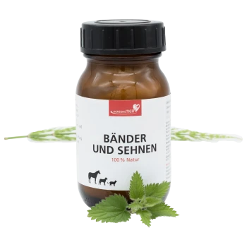 Braune Flasche mit schwarzem Deckel, beschriftet mit "Bänder und Sehnen 100% Natur" von Herzenstier, zeigt Silhouetten von Pferd, Hund und Katze.