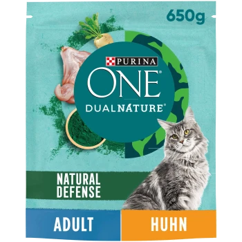 Purina ONE DualNature Katzenfutterbeutel, 650g, mit einer grauen Katze, Huhn und grünen Zutaten, beschriftet mit "Natural Defense," "Adult," und "Huhn."
