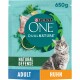 Purina ONE DualNature Katzenfutterbeutel, 650g, mit einer grauen Katze, Huhn und grünen Zutaten, beschriftet mit "Natural Defense," "Adult," und "Huhn."