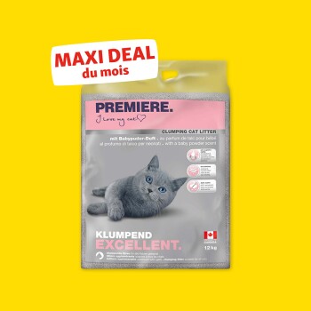 Sac de litière agglomérante Premiere pour chat parfumée à la poudre pour bébé, avec un chat gris et le texte « MAXI DEAL du mois ».