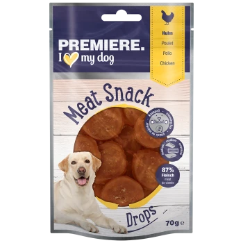 Premiere I love my dog Fleischsnack-Drops, Hühnergeschmack, 70g-Packung mit 87% Fleischgehalt, mit runden Leckerlis im Inneren.