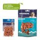 Emballage de friandises pour chiens pour les cubes de saumon "Premiere. Snack It" et les cubes de poisson "Premiere. Fish", étiquetés en allemand et en anglais.