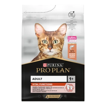 Purina Pro Plan Adult cat food bag featuring a cat's face, labeled "Vital Functions," with salmon as the number one ingredient.