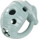 Light blue dog toy shaped like a grenade with multiple holes for treats, featuring a handle for easy gripping.