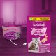 Verpackung von Whiskas Junior Katzenfutter mit einem Kätzchen, mit Text, der 'Milch-Kätzchen', 'mit Huhn' und Vorteile wie 'reich an Milch' hervorhebt.