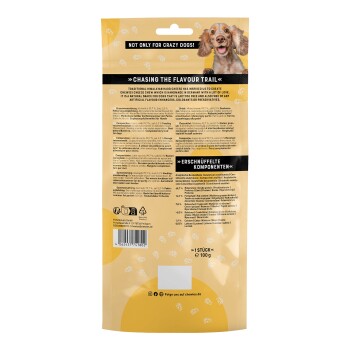 Rückseite einer Haustier-Leckerli-Verpackung mit einem lächelnden Hund, mit Text über das Produkt "Chasing the Flavour Trail" und Nährwertinformationen.