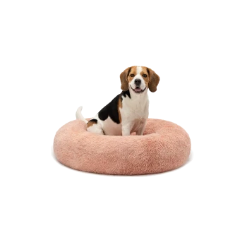 Ein Beagle sitzt bequem auf einem flauschigen, runden, rosa Haustierbett und zeigt seine weiche Textur und das gemütliche Design.