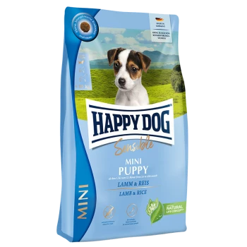 Happy Dog Sensible Mini Welpenfutterbeutel, mit Lamm- und Reisformel, geeignet für Welpen bis zu 12 Monaten, hergestellt in Deutschland.