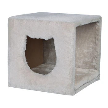 Kuschelhöhle für Regal Ein weicher, plüschiger Haustierwürfel mit einem katzenförmigen Eingang, entworfen für kleine Tiere, um sich darin zu verstecken und auszuruhen.