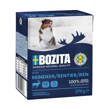 Bozita Haustierfutterverpackung mit einem verspielten Hund im Schnee, beschriftet mit "mit Rentier", getreidefrei, 100% tierisches Protein, 370g.