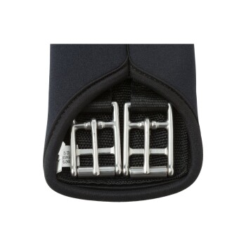 Nahaufnahme eines schwarzen Haustiergeschirrs mit silbernen Metallschnallen und einem strukturierten Innenfutter, das den sicheren Verschlussmechanismus zeigt.