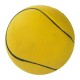Balle en caoutchouc jaune vif avec des lignes noires, conçue pour le jeu des animaux de compagnie. Idéale pour les chiens et les chats.