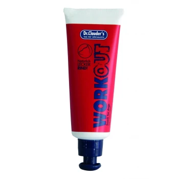 WorkOut Snack Rind 100g Rote Tube von Dr. Clauder's Hundesnack, beschriftet mit "WORKOUT", mit Text "Natürlich Lecker Rind!" und "Snack für Hunde."